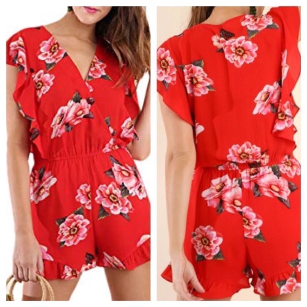UMGEE red floral print ruffle romper S